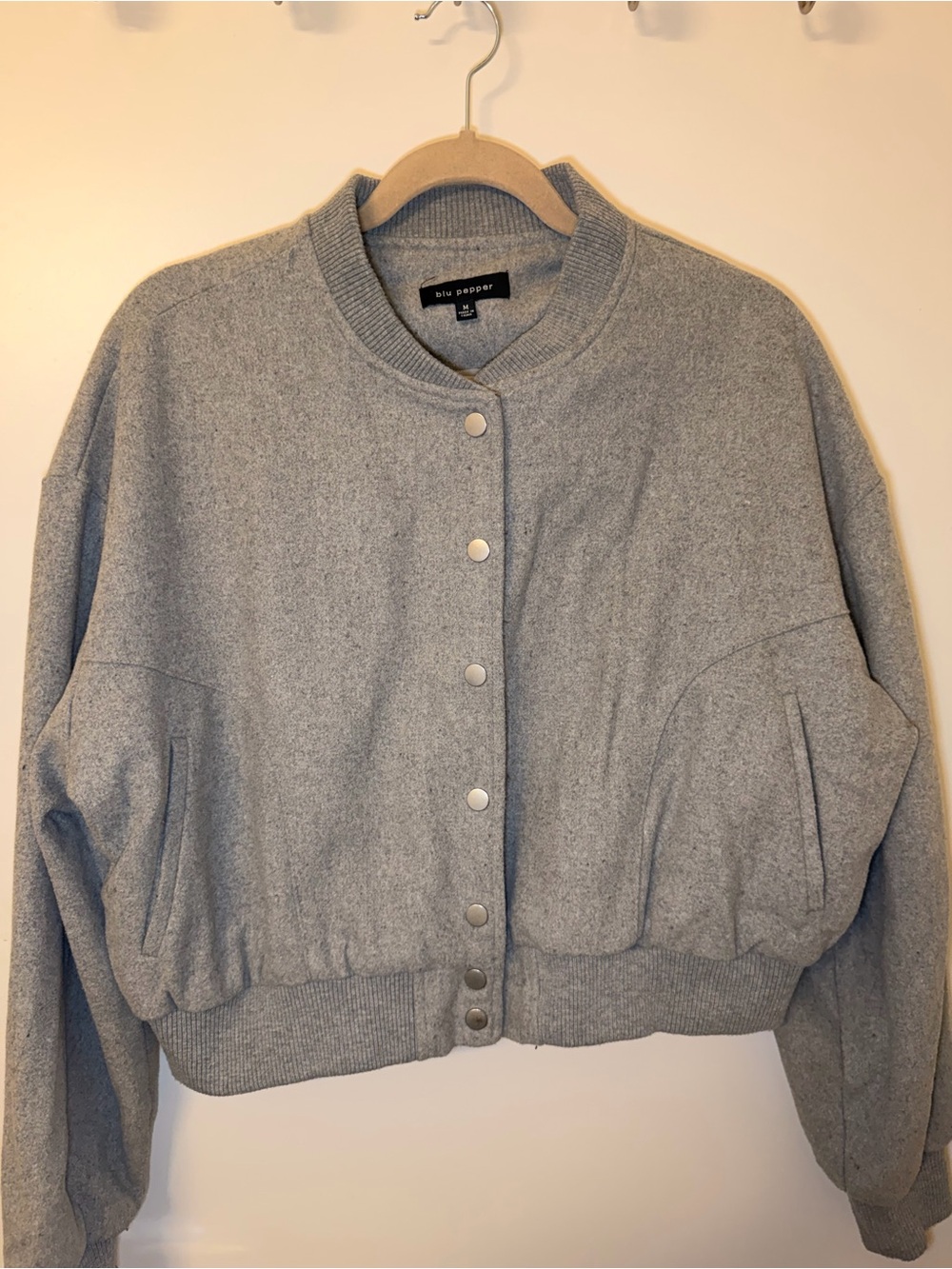 Blu Pepper Light Gray Cropped Snap-Front Bomber Jacket